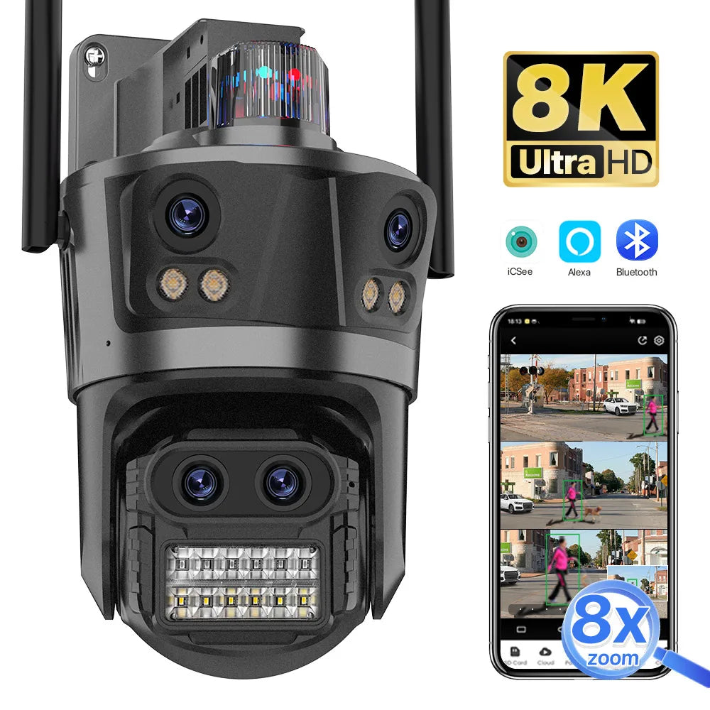 Cámara IP WIFI 8K con zoom 8X, cuatro lentes y cuatro pantallas, detección humana, 4K, 8MP, IP HD, doble pantalla, seguridad, impermeable, iCsee