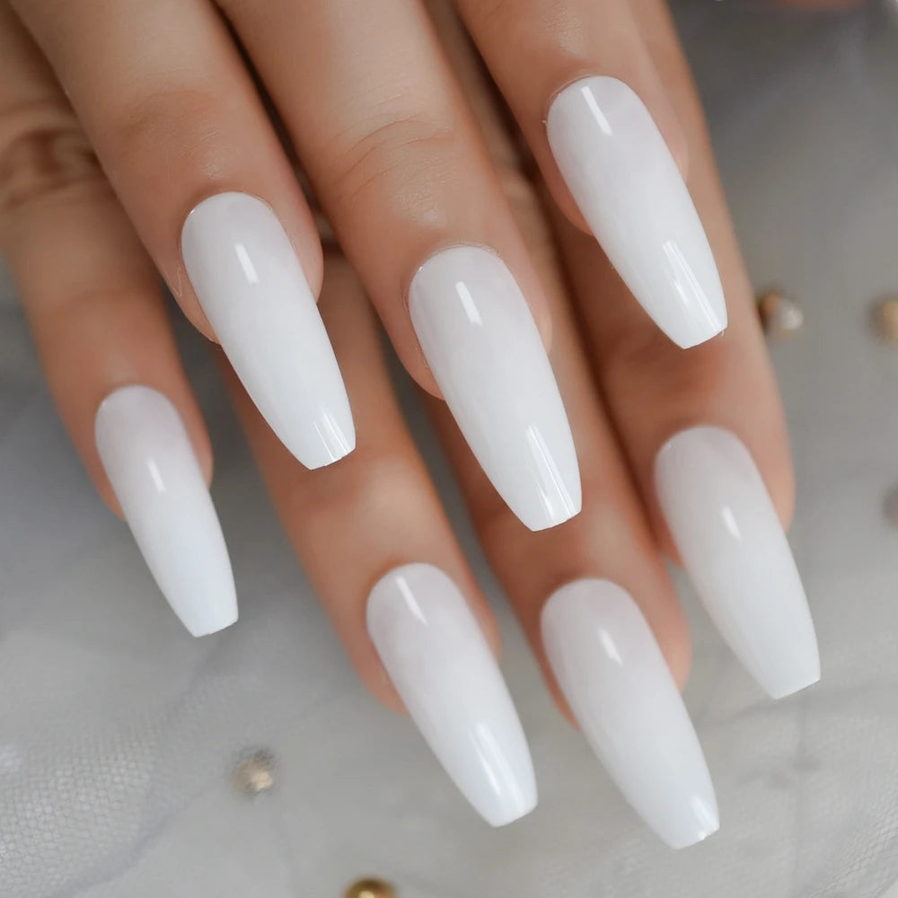 Milk White Long Ballerina Nails Glossry Shiny Pure Color Extra Long Acrylic Nail Tips gel Polish Cover 24