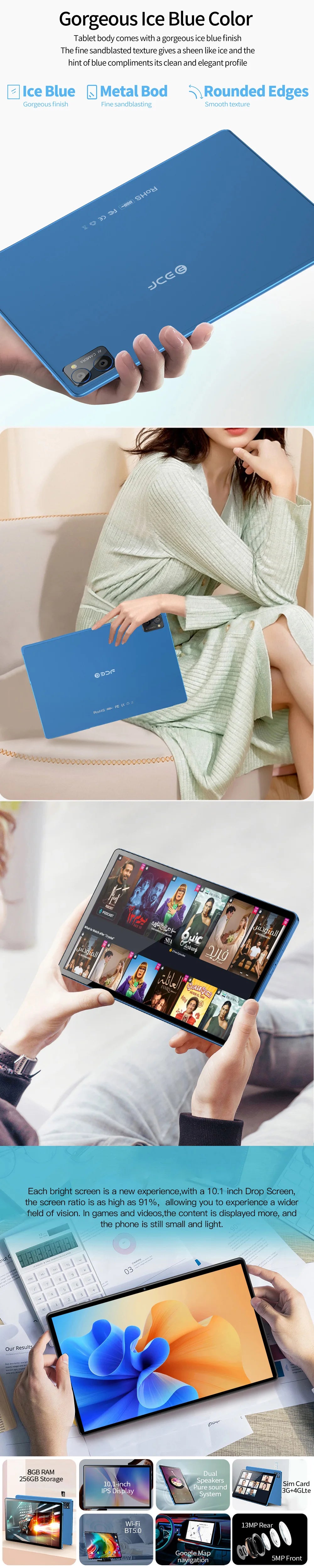 Tablette PC Android 5G BDF-Y7 de 10,1 pouces, Octa Core, 8 Go de RAM, 256 Go de ROM, 4G LTE, 5G, Wi-Fi, double SIM, double caméra, 8 000 mAh