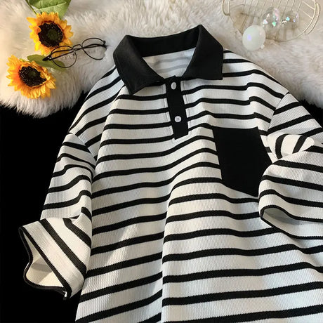 Summer trend men and women hip-hop personality waffle stripes POLO short sleeved couple loose vintage casual T-shirt top y2k - Lootquake