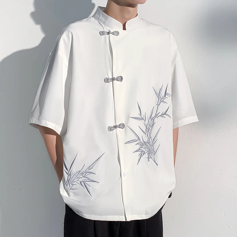 2025 Men Shirt Bamboo Embroried Short Sleeve Loose Summer Streetwear Men Clothing Korean Style Casual Tunic Shirts Plus M-5XL - Lootquake