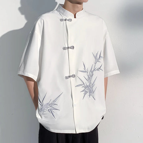 2025 Men Shirt Bamboo Embroried Short Sleeve Loose Summer Streetwear Men Clothing Korean Style Casual Tunic Shirts Plus M-5XL - Lootquake