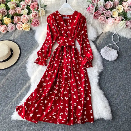 YuooMuoo Korean Fashion Cherry Print Women Dress 2025 New Spring Vintage Bandage Slim Waist Long Dress Elegant Party Vestidos - Lootquake