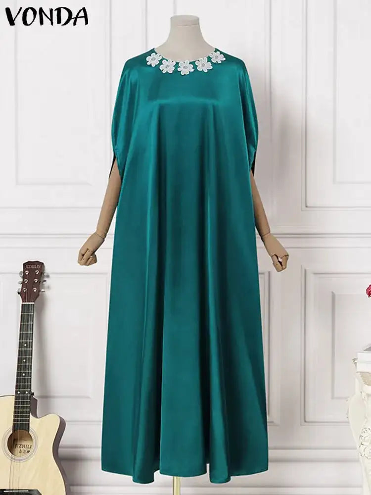 VONDA 2024 Elegant Women Satin Long Dress Autumn Maxi Sundress Elegant O-Neck 3/4 Bat Sleeve Casual Vestido Party Robe Oversize - Lootquake
