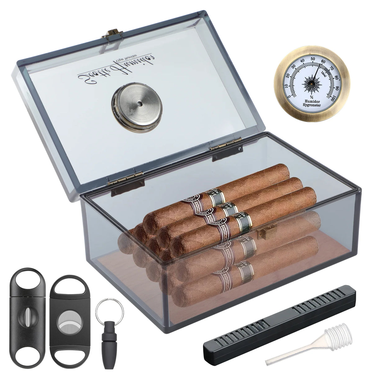Boîte à cigares Scotte en acrylique avec hygromètre et humidificateur pour 20 cigares. Comprend un coupe-cigare et des accessoires pour perforer les cigares.
