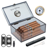 Boîte à cigares Scotte en acrylique avec hygromètre et humidificateur pour 20 cigares. Comprend un coupe-cigare et des accessoires pour perforer les cigares.