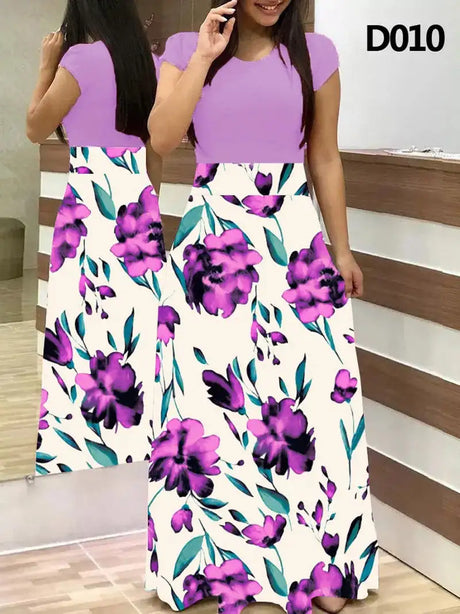 Women Floral Dot Print Patchwork Long Dress Summer Casual Short Sleeve O-Neck High Waist Robe Boho Beach Maxi Sundress Vintage - Lootquake