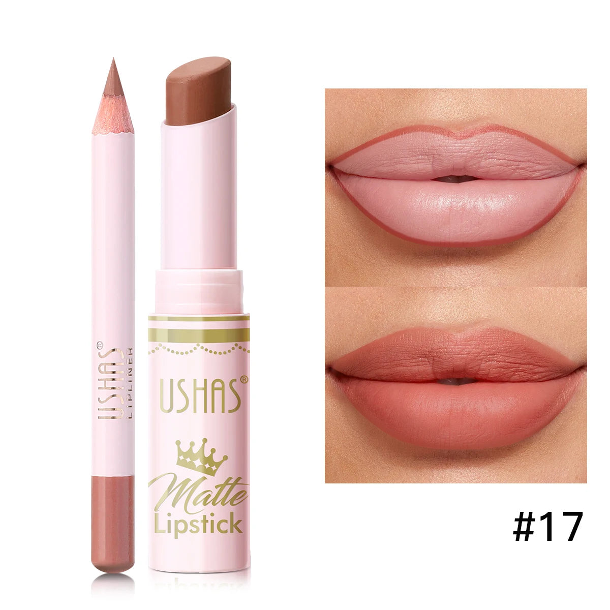 USHAS,Lipstick + lip liner set, matte finish, waterproof, long-lasting and non-staining, velvet nude lip gloss