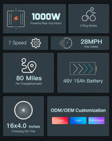 Bicicleta eléctrica para adultos Coswheel Y16, 1000 W, batería de 48 V y 15 Ah, bicicleta de montaña eléctrica de 16 pulgadas con neumáticos anchos.