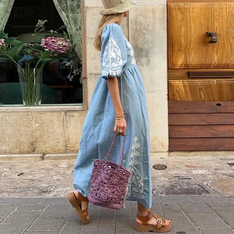 Elegant Print Half Puff Sleeve Dresses Women Loose V-neck Lace Up Backless Long Dress 2024 Summer New Ladies Chic Beach Robes - Lootquake