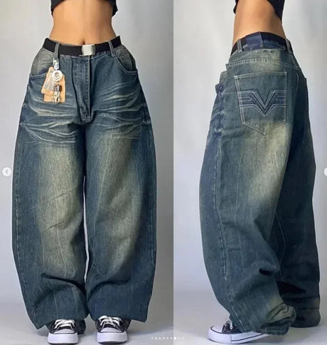 2024 New American Trend Retro Hip-hop Embroidery Pattern Baggy Jeans For Men And Women Y2K Harajuku Gothic Wide Pants Streetwear - Lootquake