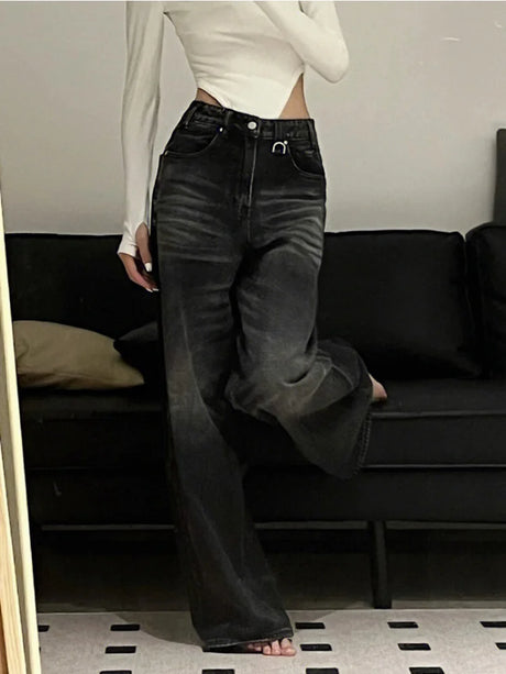 HOUZHOU Vintage Black Wide Leg Jeans Women Oversized High Street Korean Fashion Baggy Denim Trousers Grunge Y2k Female Hip Hop - Lootquake