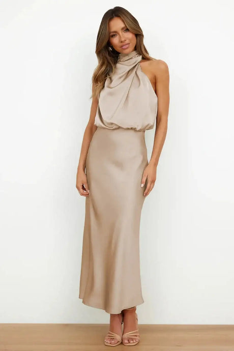 Summer High-End Silk Satin Sleeveless Long Dress Women Fashion Elegant Celebrity Dresses Evening Dress Party Clothes Ladies - Lootquake