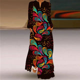 Women Autumn Winter Long Dress Elegant Party Casual V Neck Long Sleeve Vestids Style Loose Stripe Printing Vintage Maxi Dresses - Lootquake