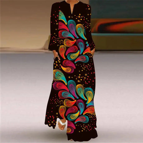 Women Autumn Winter Long Dress Elegant Party Casual V Neck Long Sleeve Vestids Style Loose Stripe Printing Vintage Maxi Dresses - Lootquake