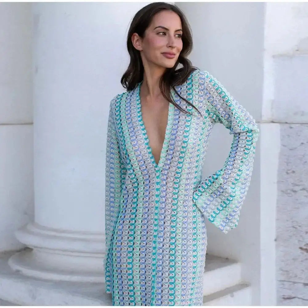 Striped Hooked Crochet Knit Long Dress Women Autumn Long Sleeve A Line Vestidos Female Vintage Commuter Slim Dresses - Lootquake