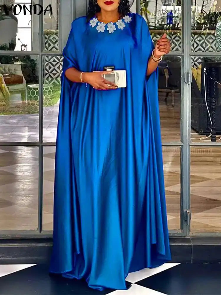 VONDA 2024 Elegant Women Satin Long Dress Autumn Maxi Sundress Elegant O-Neck 3/4 Bat Sleeve Casual Vestido Party Robe Oversize - Lootquake