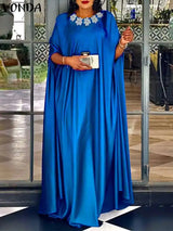 VONDA 2024 Elegant Women Satin Long Dress Autumn Maxi Sundress Elegant O-Neck 3/4 Bat Sleeve Casual Vestido Party Robe Oversize - Lootquake