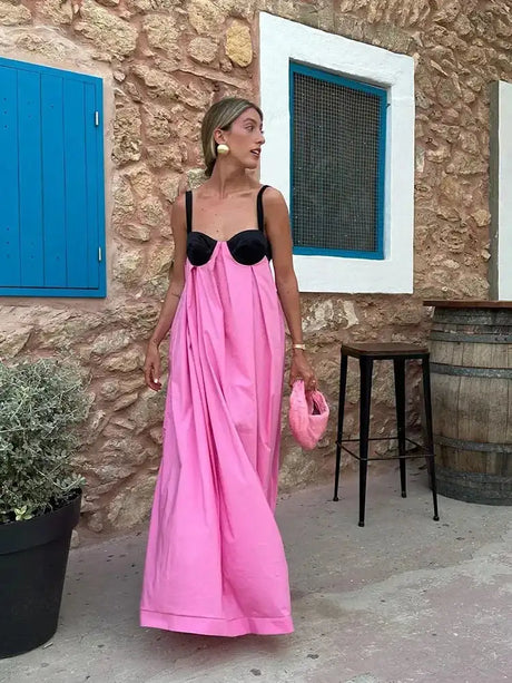 Sexy Backless Beach Dress Women 2024 Holiday Sleeveless Loose Slip  Long Dress Street Fashion Panelled Bandage Summer Lady Robe - Lootquake