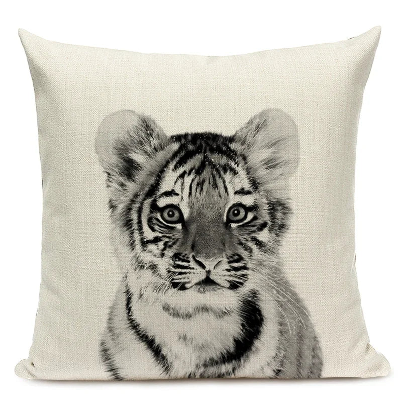 Black and White Cute Animals Cushion Cover - Animal Portrait Decoration Throw Pillow Case 45x45cm for Home Sofa Decor