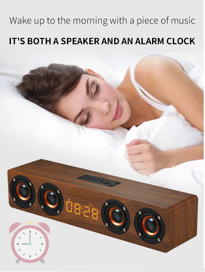 Altavoz Bluetooth de madera, portátil, inalámbrico, subwoofer, reloj, caja de sonido, ordenador de casa, barra de sonido de pared, estéreo HiFi, TF, AUX, disco U