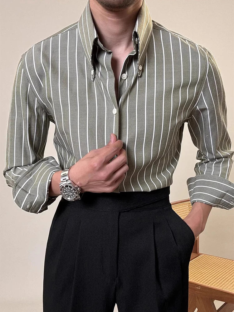 Vintage Striped Printed Slim Shirts Mens Casual Long Sleeve Lapel Buttoned Shirt 2025 Spring Fall Mens Shirt Naple Style Clothes