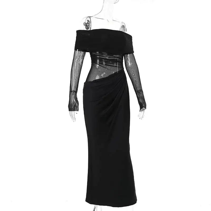 BOOFEENAA Vestido largo negro de malla transparente con patchwork, otoño 2024, sexy, elegante, con hombros descubiertos, manga larga, cortes, C66-EZ33