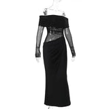 BOOFEENAA Vestido largo negro de malla transparente con patchwork, otoño 2024, sexy, elegante, con hombros descubiertos, manga larga, cortes, C66-EZ33
