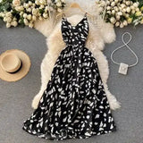 Neploe Vintage Print Holiday Long Dress Women High Waist Hip A Line Vestidos Summer 2025 New V Neck Sleeveless Camis Robe Slim - Lootquake