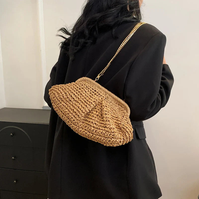 Bohemian Straw Dumpling Clutch Bag | Woven Straw Tote Purse for Women (Summer Beach Bag, Wicker Clutch)