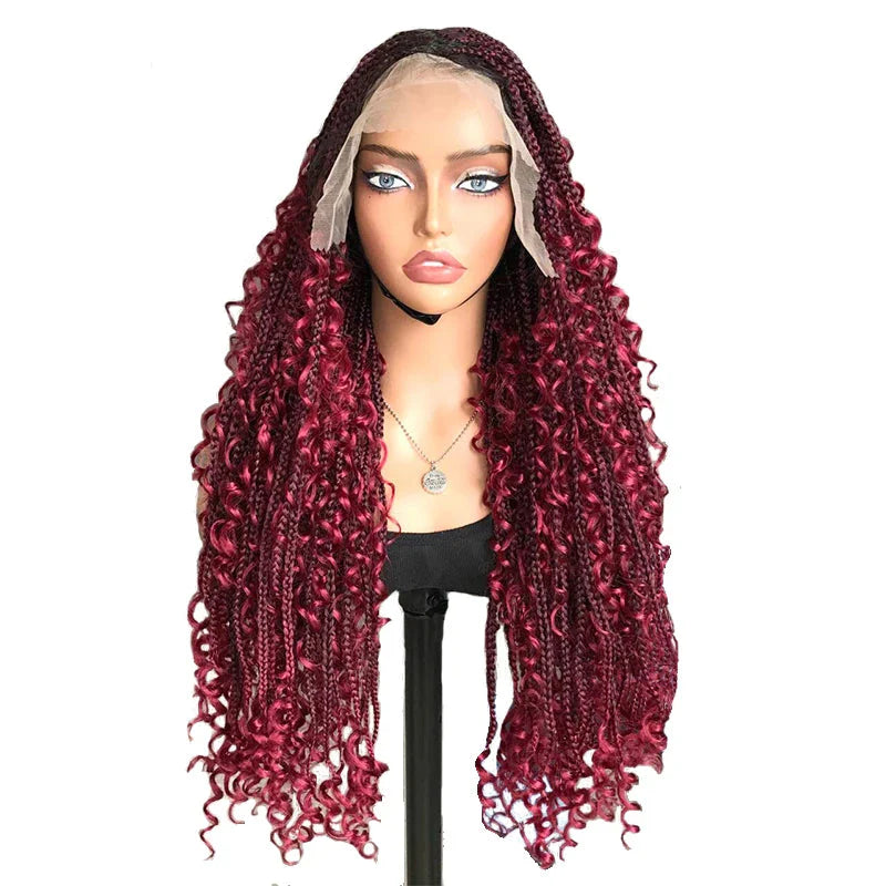 22" Curly End Box Braided Full Lace Front Wig | Goddess Locs | Bohemian Braids | Synthetic Wig