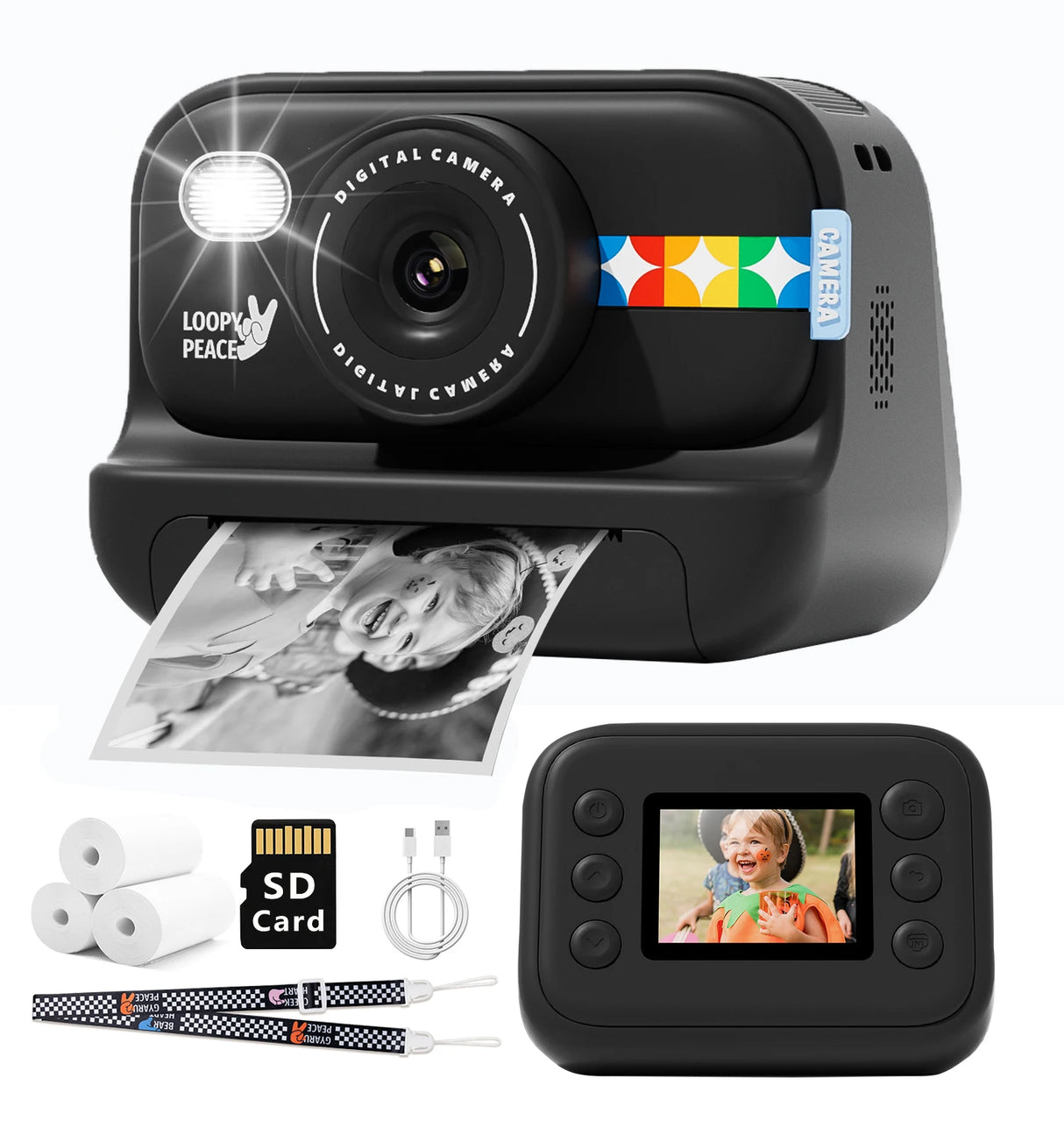 Kids Instant Print Camera -Black & White Print Toddler Birthday Gift Portable Thermal Paper HD Digital Video Printer
