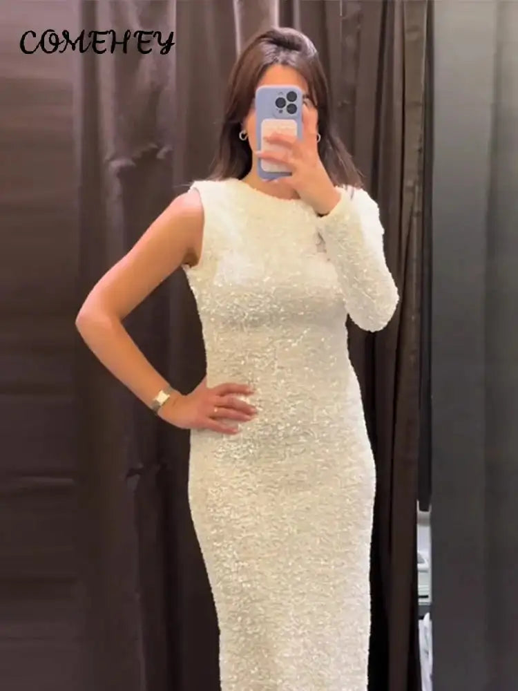 Sequined Party Dresses For Women Removable Sleeve O-neck Slim Long Dress Female 2025 Elegant White Lady Sexy Evening Vestidos - Lootquake