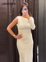 Sequined Party Dresses For Women Removable Sleeve O-neck Slim Long Dress Female 2025 Elegant White Lady Sexy Evening Vestidos - Lootquake