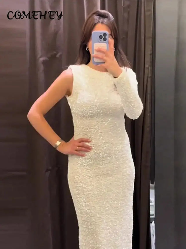 Sequined Party Dresses For Women Removable Sleeve O-neck Slim Long Dress Female 2025 Elegant White Lady Sexy Evening Vestidos - Lootquake