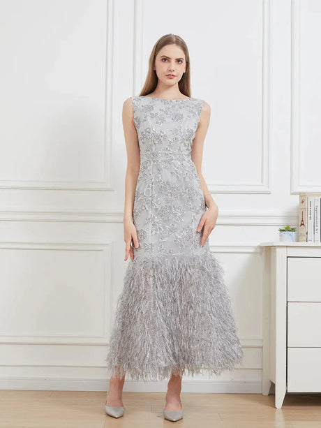DEVCHATA New Organza Fishtail Long Dress Maxi Evening Sleeveless Bodycon Fitting Gown Feathers Women Robe Vestido - Lootquake
