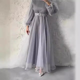 Spring Elegant Mesh Dress Muslim Women Fashion Solid High Waist Mesh Lantern Sleeves Long Dress Women - Lootquake