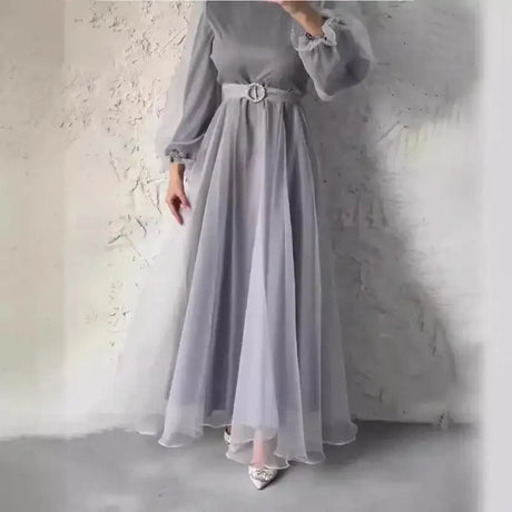 Spring Elegant Mesh Dress Muslim Women Fashion Solid High Waist Mesh Lantern Sleeves Long Dress Women - Lootquake