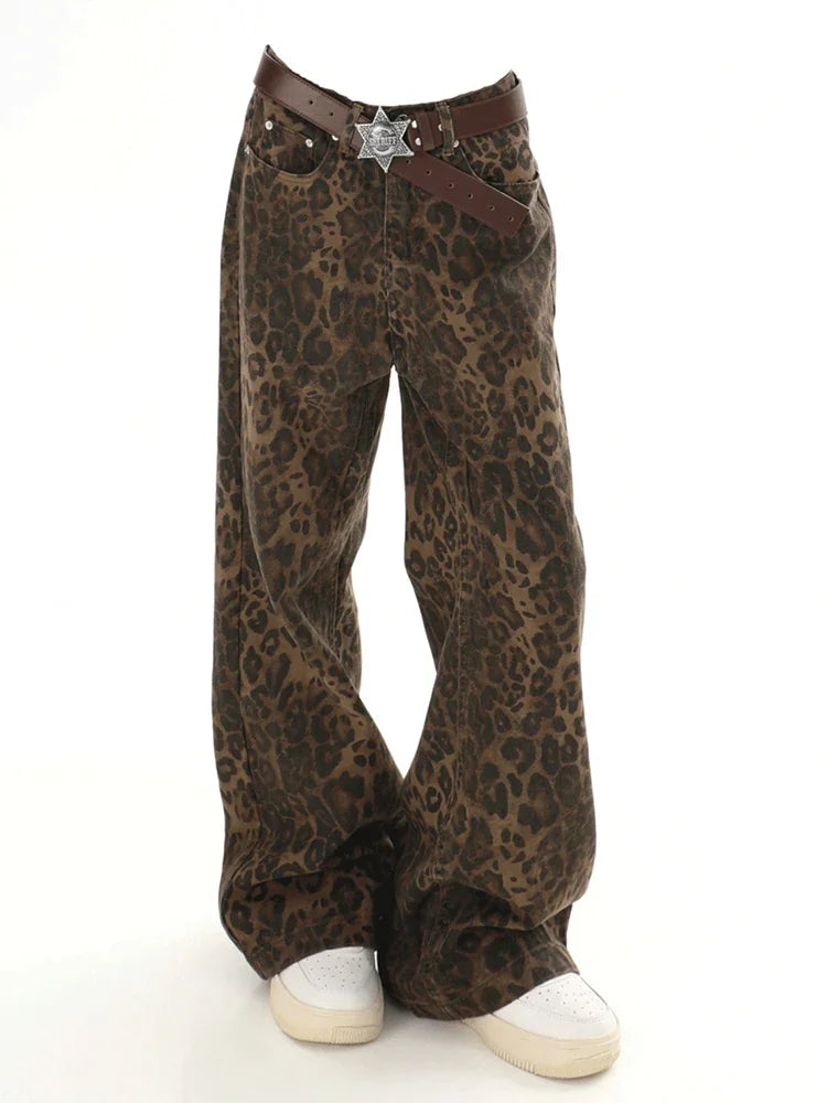 Baggy Leopard Print Y2k Jeans Women 2024 New High Waisted  Casual Wide Leg Denim Pants Fashion Streetwear Retro Straight Jeans - Lootquake