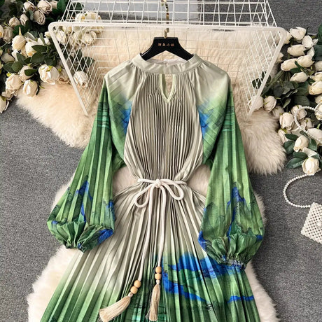 Spring Holiday Print Long Dress For Women Fashion Loose Lantern Sleeve Party Robe Female Big Swing Tassels Belt Pleated Clothes - Lootquake