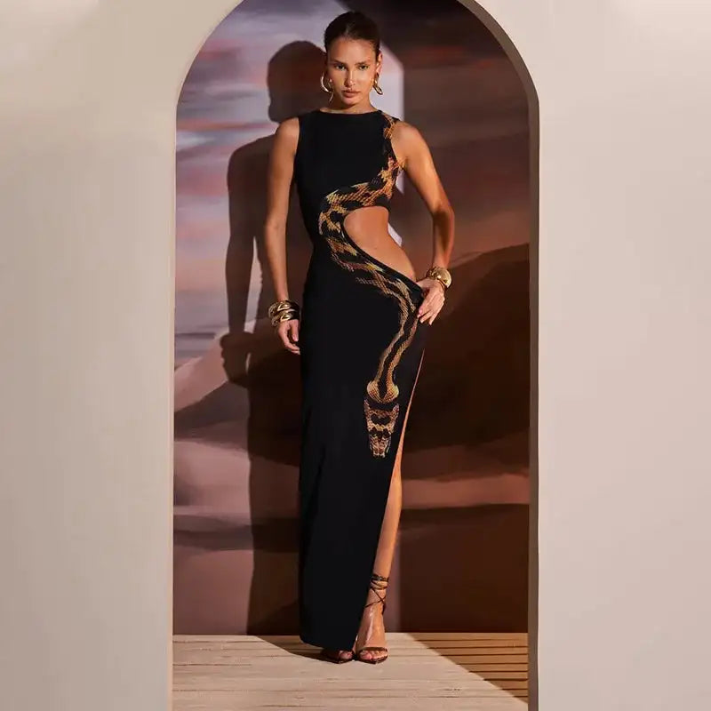 Tossy Python Printed Hollow Out Maxi Dress Female Slim Sexy Side Split Sleeveless Contrast Summer Party Dress Women's Long Dress