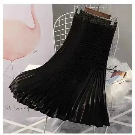 High-Waisted Vintage A- Line Accordion Skirt European Style Pleated Dress Metal Color Wide Hemline Long Dress For Women - Lootquake
