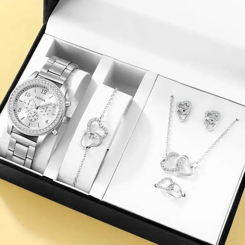 6PCS Set Rose Gold Luxury Watch Women Ring Necklace Earring Rhinestone Fashion Wristwatch Casual Ladies Bracelet Watches - Lootquake