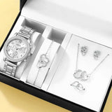 6PCS Set Rose Gold Luxury Watch Women Ring Necklace Earring Rhinestone Fashion Wristwatch Casual Ladies Bracelet Watches - Lootquake