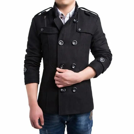 Men Slim Fit Woolen Coats Solid Color Male Casual Long Sleeve Outerwear Autumn Winter Double Breasted Mid Length Windbreaker - Lootquake