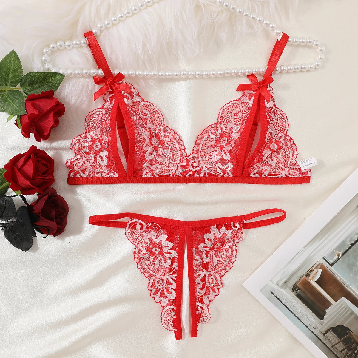 Women Sexy Lingerie Bra Thongs Sets Ultrathin Lace Lingerie Set Temptation Erotic Open Bra Crotchless Outfits For Pretty Girls - Lootquake