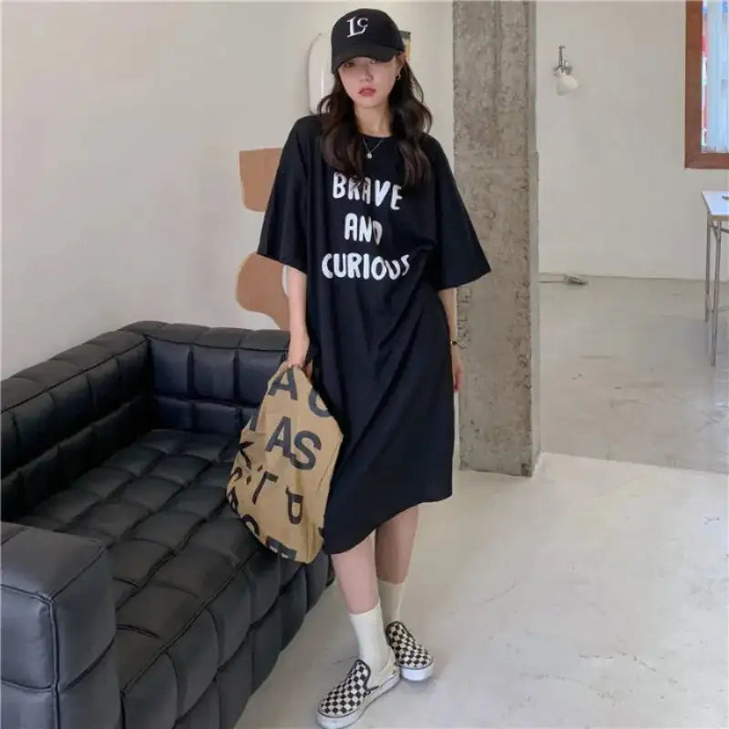 Harajuku Graphic White Long Dress Woman Clothing Y2k Casual Short Sleeve O-Neck Korean Fashion Summer Womens Loose Dresses 2024 - Lootquake