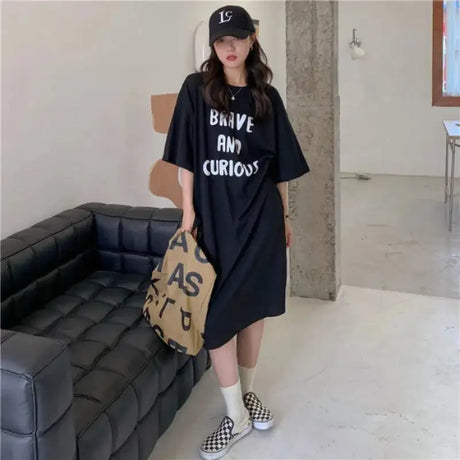 Harajuku Graphic White Long Dress Woman Clothing Y2k Casual Short Sleeve O-Neck Korean Fashion Summer Womens Loose Dresses 2024 - Lootquake