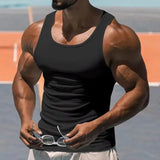 American Vest, Summer Europe And The United States Men Stretch Sports Gym Training, Tight Hurdle Sleeveless Top Solid Color Vest - Lootquake