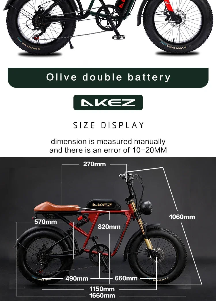 Bicicleta eléctrica de montaña plegable AKEZ, inteligente y potente, con suspensión total de litio de 1500 W, 26 Ah y 48 V, con neumáticos anchos.